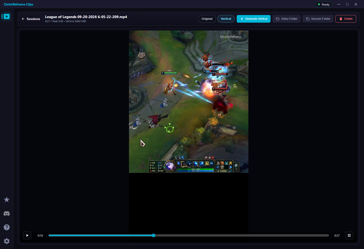Complete ClutchReframe Clips app window in Ready state, showing the Generate Vertical button and a vertical clip preview