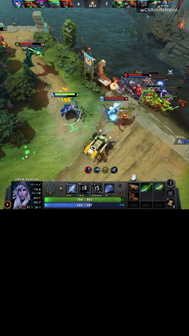 Complete Dota 2 vertical clip frame, with the fight, HUD, ClutchReframe watermark and original black area visible