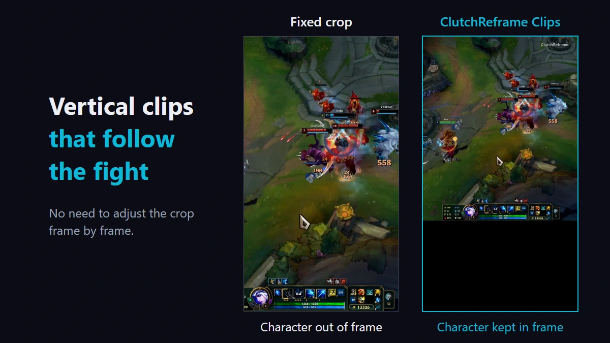 Fixed crop and ClutchReframe Clips compared at the same moment in League of Legends